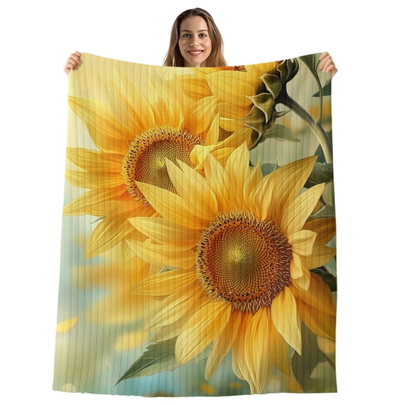 Sunflower Throw Blanket, Flannel Fleece Blanket with Striped Design for Couch, Yellow Spring Floral Botanical Soft Breathable All Season Plush Blankets for Sofa Office Bed 50"x60"