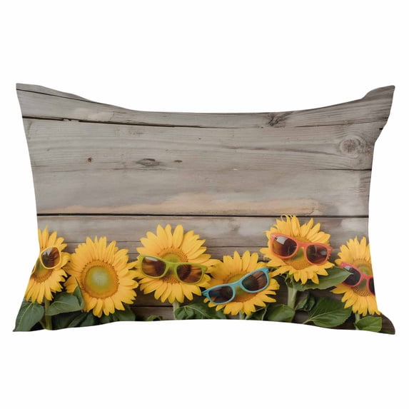 Sunflower Throw Pillow Cover 16 x 24 Inch Decorative Pillow Cover Sunglasses Rustic Wood Grain Brown Summer Lumbar Pillowcase Seasonal Rectangle Cushion Case for Couch Sofa Bed Living Room