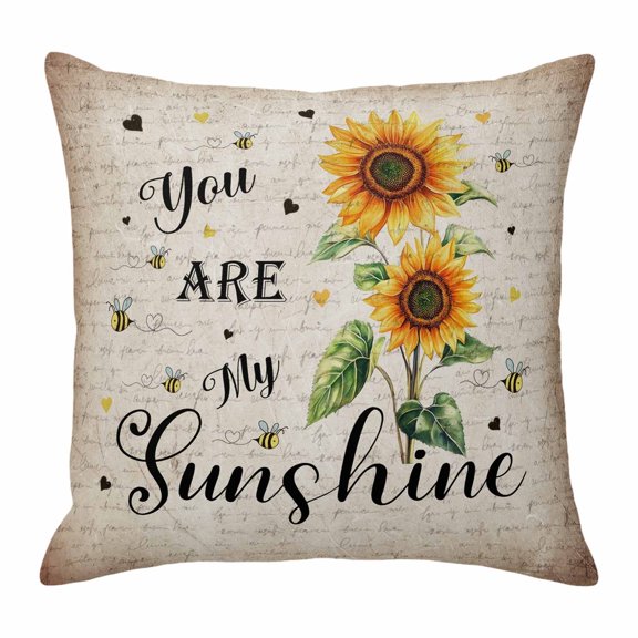 Sunflower Throw Pillow Cover Bee Sunshine Farmhouse Cotton Linen Cushion Cover Throw Pillow Case with Invisible Zipper for Couch Sofa Bed Chair Car 24x24 Inch