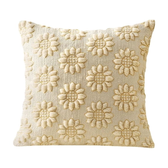 Sunflower Throw Pillow Cover Plush Embroidered Decorative Pillow Case 18 X 18 Inch Soft Textured Cushion Sham for Spring Summer Home Couch Sofa Bedroom Decor Beige 1 Pack