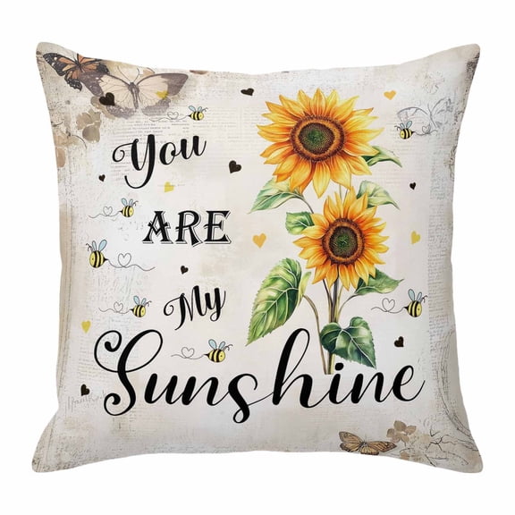 Sunflower Throw Pillow Cover Sunshine Farmhouse Cotton Linen Cushion Cover Throw Pillow Case with Invisible Zipper for Couch Sofa Bed Chair Car 26x26 Inch