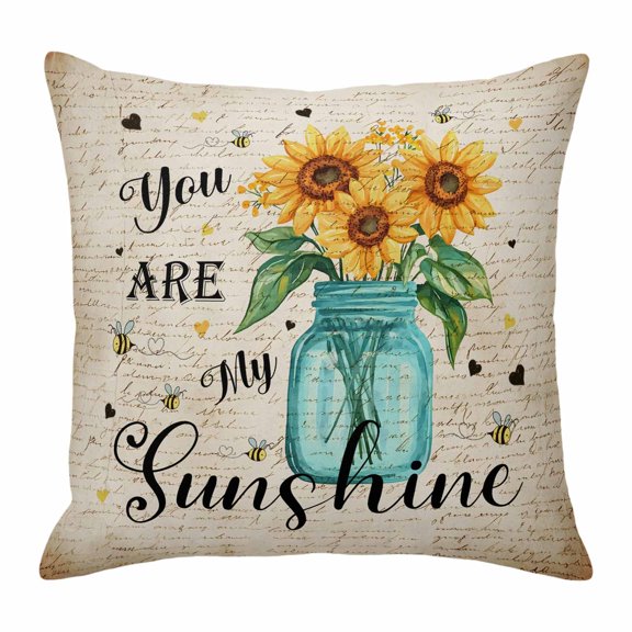 Sunflower Throw Pillow Cover You Are My Sunshine Yellow Flower Bee Plant Retro Cotton Linen Cushion Cover Throw Pillow Case with Invisible Zipper for Couch Sofa Bed Chair Car 24x24 Inch