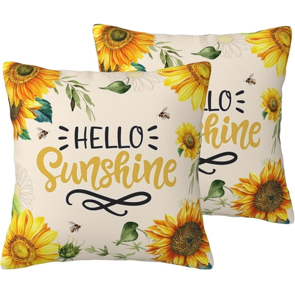 Sunflower Throw Pillow Covers 18x18 Inch Set of 2, Hello Sunshine Farmhouse Pillow Cases Blossom Sunflower Botanical Style Pillowcase Decorative Cushion Covers for Sofa Couch Bed Living Room