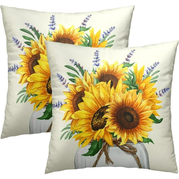 Sunflower Throw Pillow Covers 20x20 Inch Purple Yellow Summer Vase Floral Decorative Pillow Case Cotton Linen Cushion Cover Set of 2, Outdoor Sofa Couch Farmhouse Home Decor