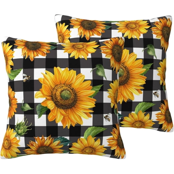 Sunflower Throw Pillow Covers 20x20 Inch Set of 2, Buffalo Plaid Sunflower Pillow Cases Sunflowers on Black and Cream Lattice Pillowcase Decorative Cushion Covers for Sofa Couch Living Room