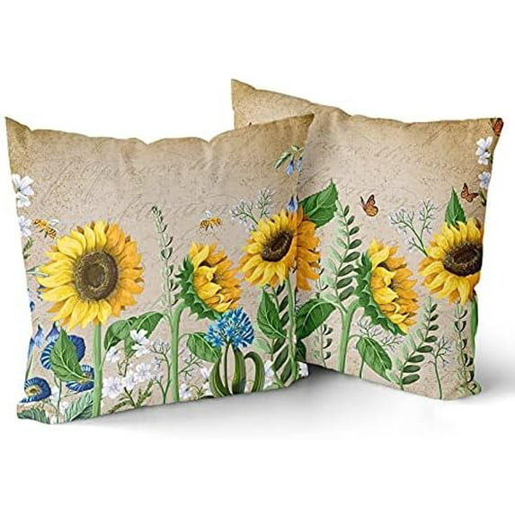 Sunflower Throw Pillows Butterfly Pillow Covers Honeybee Throw Pillow Cover Watercolor Yellow and Blue Floral Decorative Pillow Covers Double-Sided Printing Suitable for Home Outdoor 16x16inch