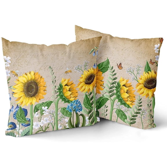 Sunflower Throw Pillows Butterfly Pillow Covers Honeybee Throw Pillow Cover Watercolor Yellow and Blue Floral Decorative Pillow Covers Double-Sided Printing Suitable for Home Outdoor 18x18inch