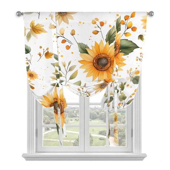Sunflower Tie Up Curtain 63 Inches Long, Spring Flowers Watercolor Farm Balloon Style Kitchen Window Curtain Over Sink, Small Window Rod Pocket Curtain 52"x63"