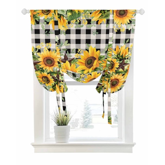 Sunflower Tie Up Curtains for Window, Thermal Insulted Balloon Shade Adjustable Rod Pocket Curtains Valance Panels for Kitchen Bathroom Cafe 46 x 63 Rustic Brown Country Star Black Checkered