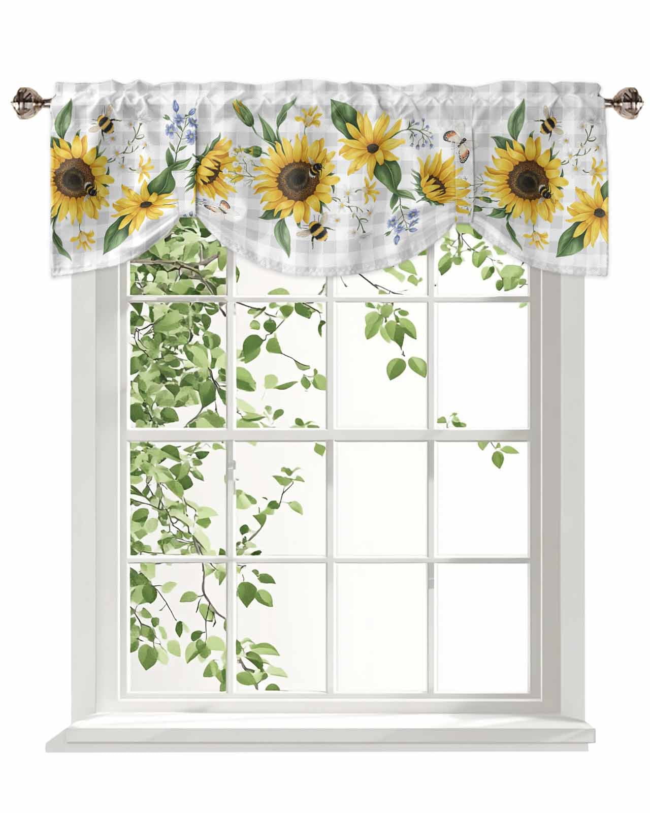 Sunflower Tie Up Valances Curtain, Adjustable Kitchen Butterfly Bee Valances for Windows Decor, Rod Pocket Short Curtains Set for Bedroom/Bathroom, 60"x18"
