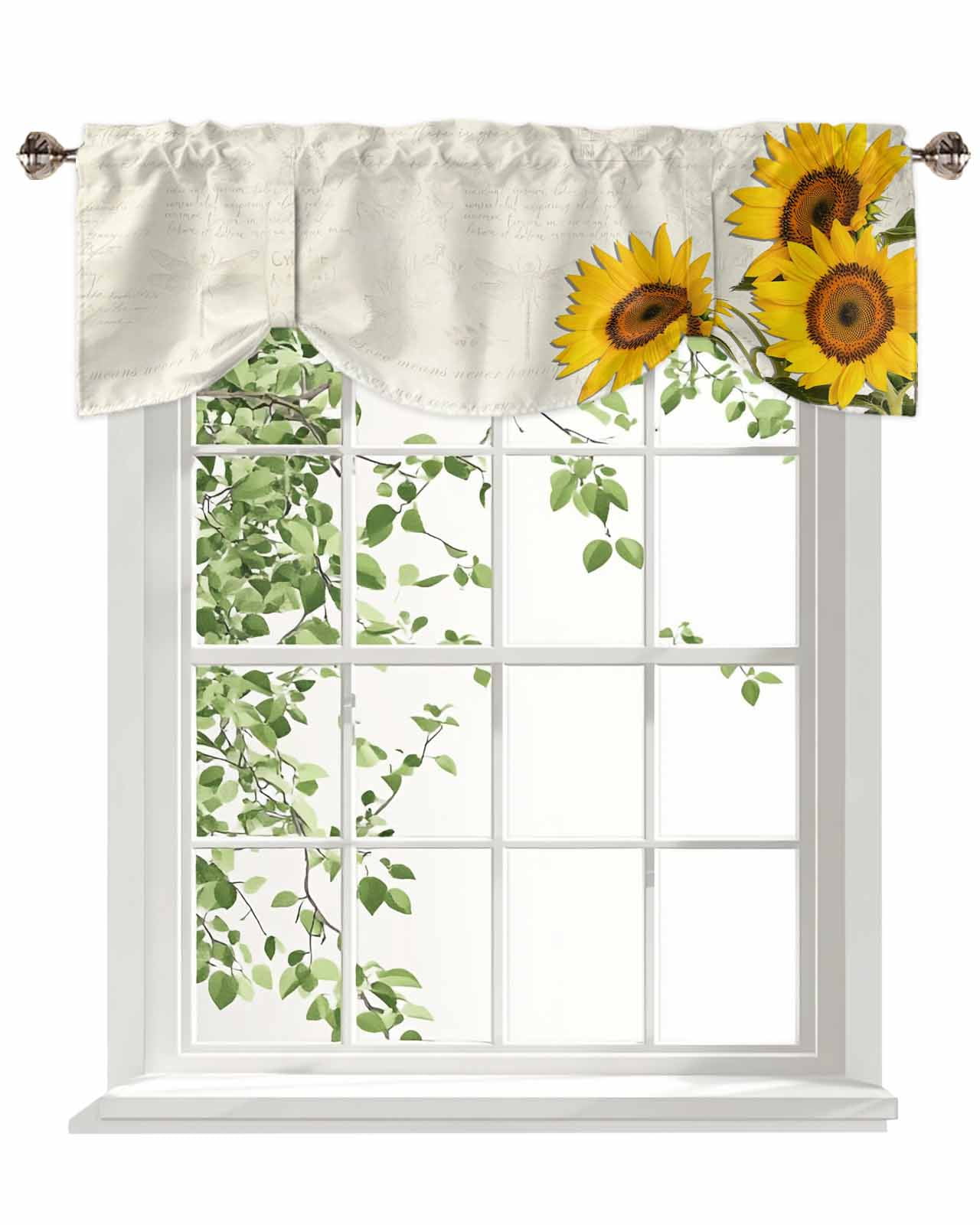 Sunflower Tie Up Valances Curtain, Adjustable Kitchen Countryside Yellow Flower Valances for Windows Decor, Rod Pocket Short Curtains Set for Bedroom/Bathroom, 60"x18"