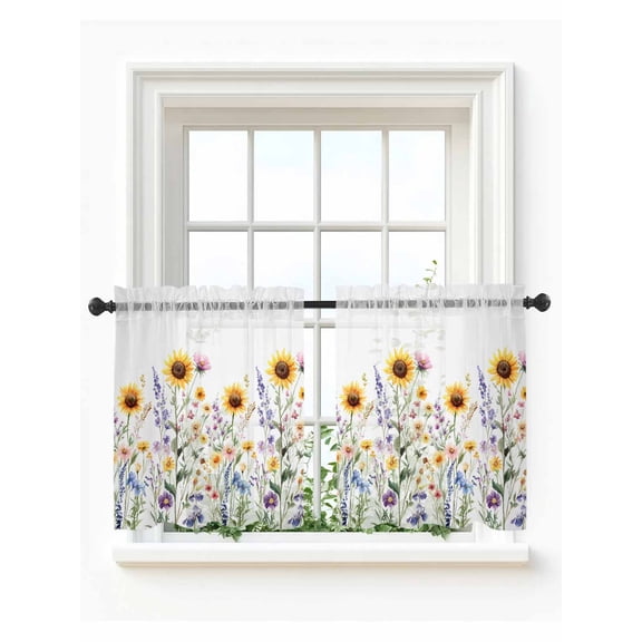 Sunflower Tier Curtains 24 Inch Length,Sheer Curtains for Bedroom Living Room Window Spring Floral Summer Botanical Pastoral Rod Pocket Drapes Kitchen Curtains Small Half Window 27.5"x24" 2 Panels