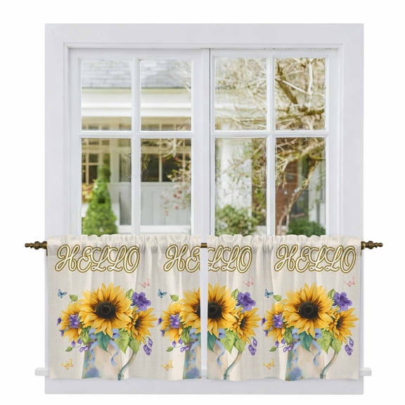 Sunflower Tier Curtains 24 Inch Length, Yellow Flowers Summer Botanical Pastoral Rustic Cafe Short Curtains for Bathroom Over Sink, Small Kitchen Curtain Light Filtering Drapes 2 Panels 27.5"Wx24"L