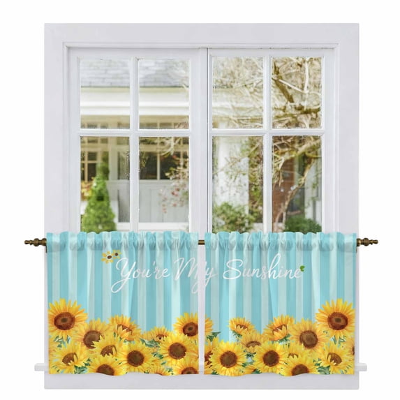 Sunflower Tier Curtains 36 Inch Length, Yellow Summer Botanical Blue Striped Farmhouse Cafe Short Curtains for Bathroom Over Sink, Small Kitchen Curtain Light Filtering Drapes 2 Panels 27.5"Wx36"L