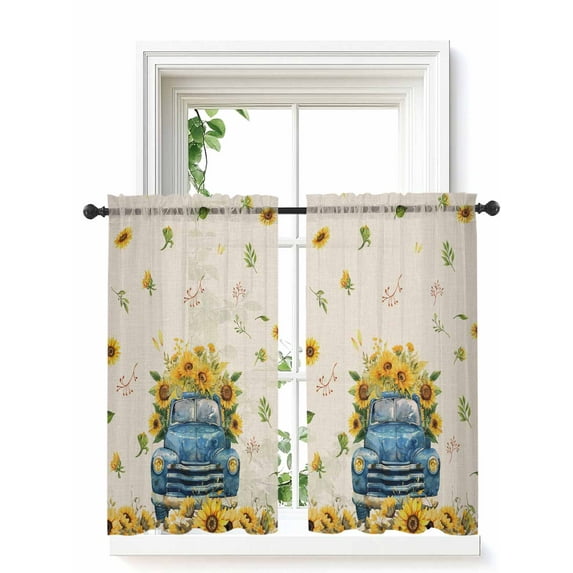 Sunflower Tier Curtains 45 Inch Length,Sheer Curtains for Bedroom Living Room Window Watercolor Summer Floral Truck Vintage Rod Pocket Drapes Kitchen Curtains Small Half Window 27.5"x45" 2 Panels