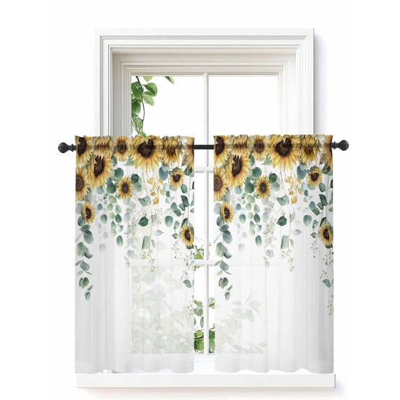 Sunflower Tier Curtains 45 Inch Length,Sheer Curtains for Bedroom Living Room Window Yellow Floral Eucalyptus Leaves Watercolor Rod Pocket Drapes Kitchen Curtains Small Half Window 27.5"x45" 2 Panels