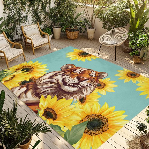 Sunflower Tiger Outdoor Rug for Patio/Deck/Porch, Non-Slip Large Area Rug 3 x 5 Ft, Yellow Floral Summer Botanical Farmhouse Indoor Outdoor Rugs Washable Area Rugs, Camping Rug Carpet Runner