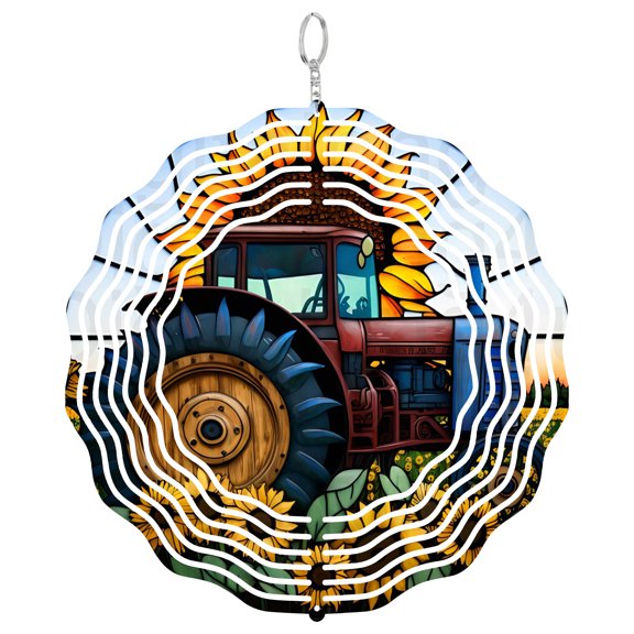 Sunflower Tractor Wind Spinner Metal Outdoor Decor Stained Glass Style Multi-Color