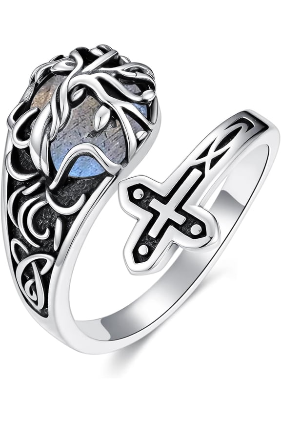 Sunflower Tree of Life Spoon Rings 925 Sterling Silver Vintage Dragonfly Bee Cross Ring Adjustable Thumb Rings Moonstone Turquoise Jewelry Gifts for Men Women