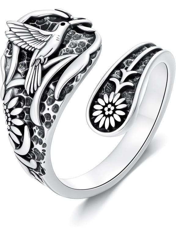 Sunflower Tree of Life Spoon Rings 925 Sterling Silver Vintage Dragonfly Bee Cross Ring Adjustable Thumb Rings Moonstone Turquoise Jewelry Gifts for Men Women