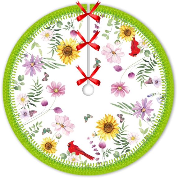 Sunflower Tree Skirt Bird, Christmas Tree Decoration Soft Plush Tree Mat Holiday Party 36 inches