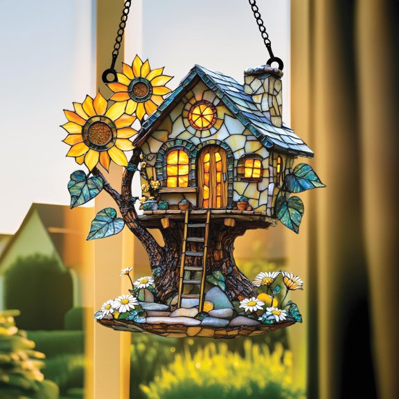 Sunflower Treehouse Suncatcher fullxfull Cottagecore Fairy Home Window Hanging, Rustic Woodland Decor Gift