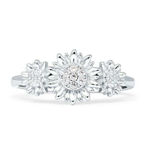 Sunflower Trio Ring Cubic Zirconia White Tone 925 Sterling Silver, Size 5