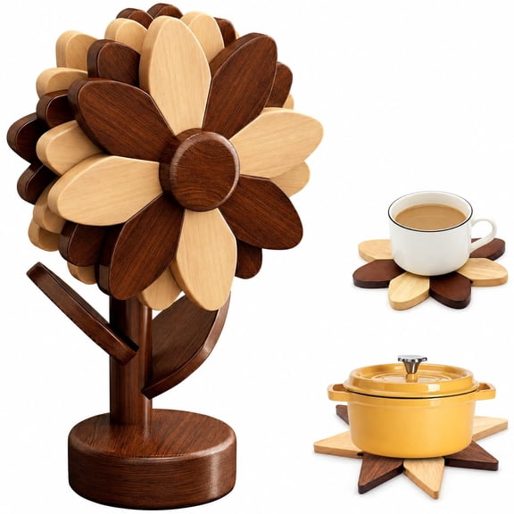 Sunflower Trivets for Hot Dishes, 5Pc Wooden Tree Trivet Stand Set
