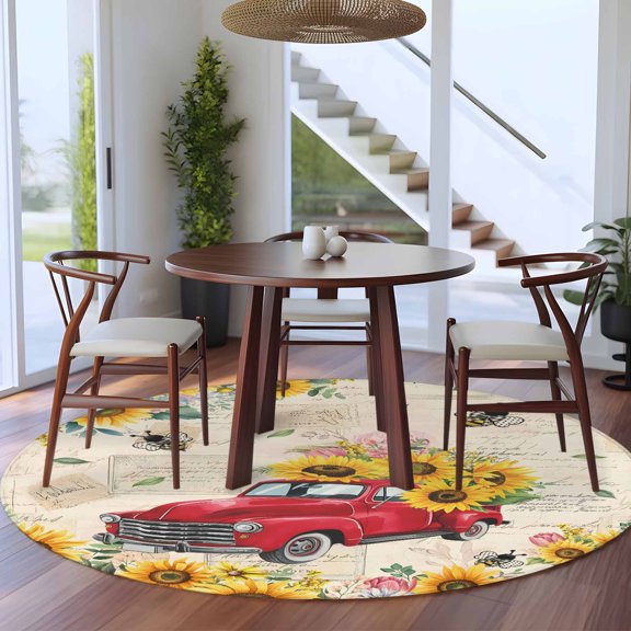 Sunflower Truck 5ft Round Rug for Dining Table for 4 People Under Table Placement, Country Spring Yellow Sunflower Floral Leaf Bee Letter Texture Washable Non Slip Circle Area Rug