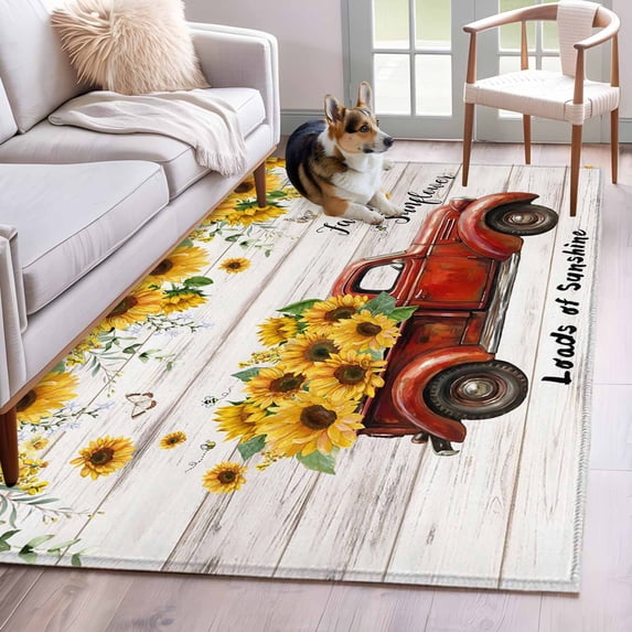 Sunflower Truck Area Rugs 2.7'x5', Small Throw Rugs for Kitchen Bedroom, Elegant Yellow Floral Summer Botanical Wooden Indoor Outdoor Rug Non-Slip Low Pile Carpet Runner Reversible Floor Mats