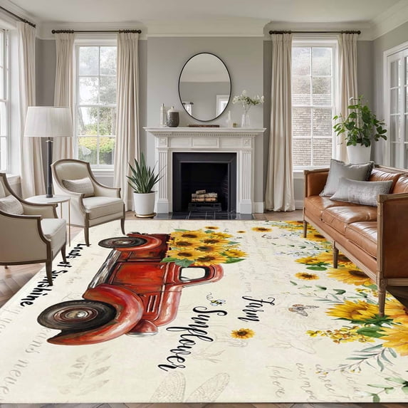 Sunflower Truck Area Rugs 6'x9', Washable Small Throw Rugs for Kitchen Dining room, Elegant Yellow Floral Summer Botanical Indoor Outdoor Rug Non-Slip Low Pile Carpet Runner Reversible Floor Mats