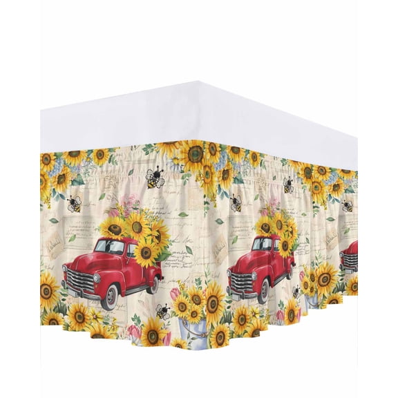 Sunflower Truck Bed Skirt California King Size 16 Inch Drop, Spring Yellow Sunflower Floral Leaf Bee Letter Texture Adjustable Elastic Dust Ruffles Bedskirt Wrap Around Pleated Mattress Frame Cover