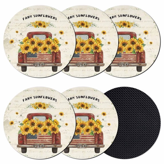 Sunflower Truck Coasters Set of 6, Absorbent Coasters for Drinks, Summer Botanical Elegant Pastoral Floral Coaster for Desk Coffee Table Protection, Home Decor House Warming Gifts 4"