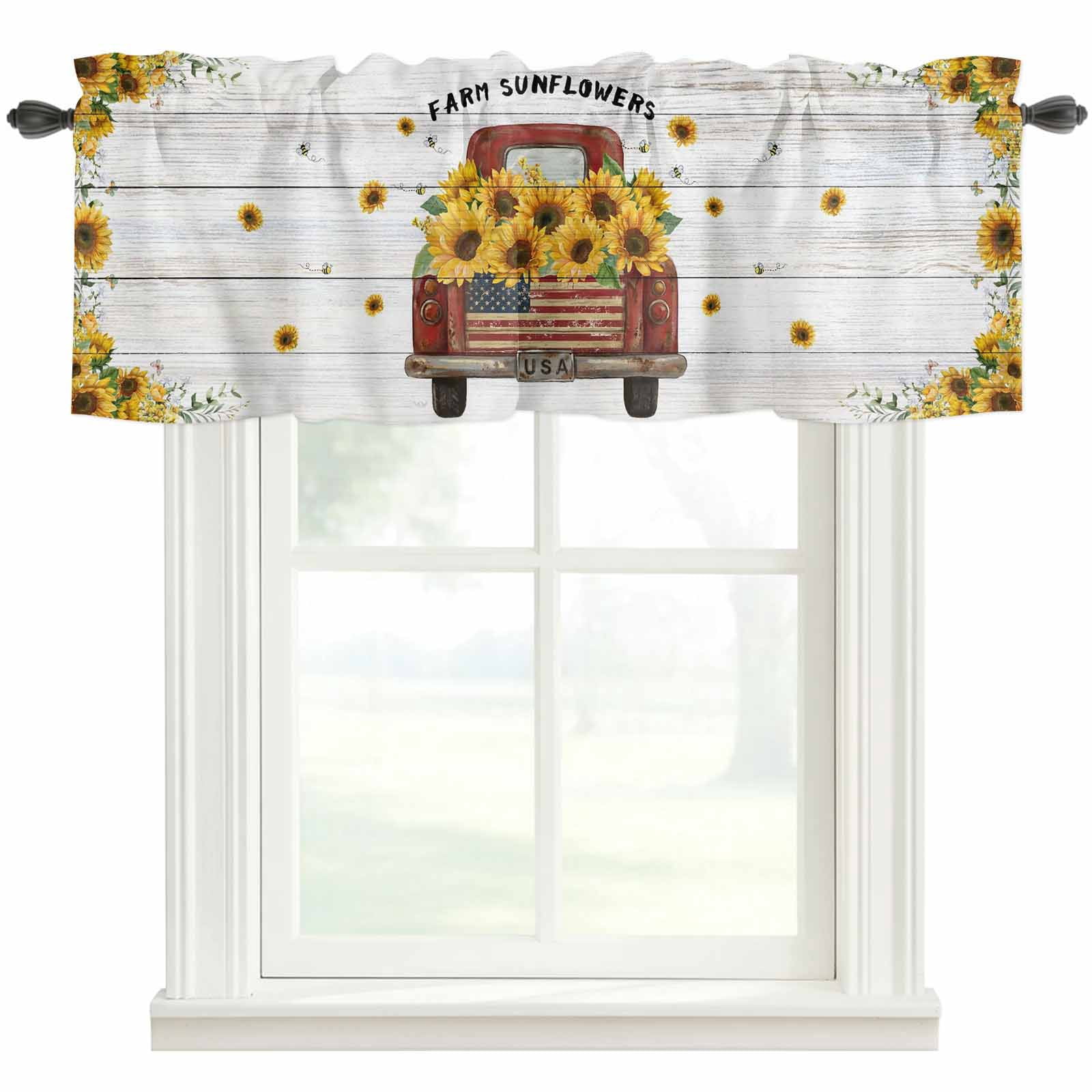 Sunflower Truck Flag Window Valance Curtain Floral Leaf Wood Grain Rod ...
