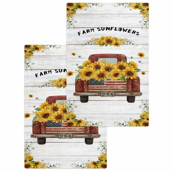 Sunflower Truck Kitchen Dish Towels for Drying Dishes Set of 2, Summer Botanical Elegant Pastoral Floral Wooden Waffle Weave Microfiber Hand Tea Bathroom Towels Quick Dry & Absorbent Towel 15.7x23.6