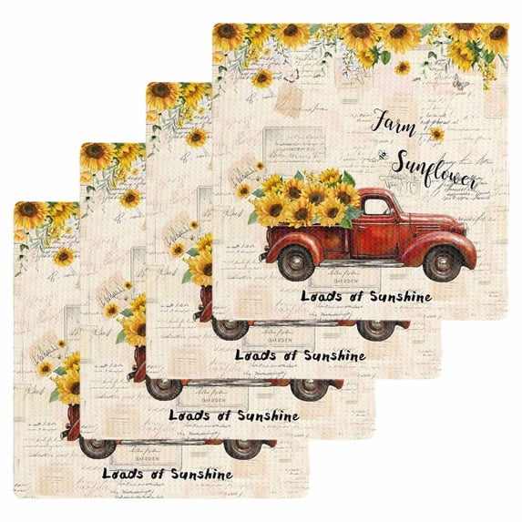 Sunflower Truck Kitchen Dish Towels for Drying Dishes Set of 4, Yellow Floral Summer Botanical Elegant Pastoral Waffle Weave Microfiber Hand Tea Bathroom Towels Quick Dry & Absorbent Towel 12x12