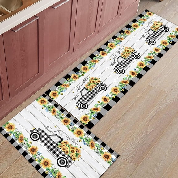 Sunflower Truck Kitchen Mats 2 Piece, Buffalo Plaid Truck Pull Sunflower Spring Summer Kitchen Rugs Set Wooden Planks Rustic Inside Floor Mat for Kitchen/ Office/ Entryway, 17"X30"+17"X47"