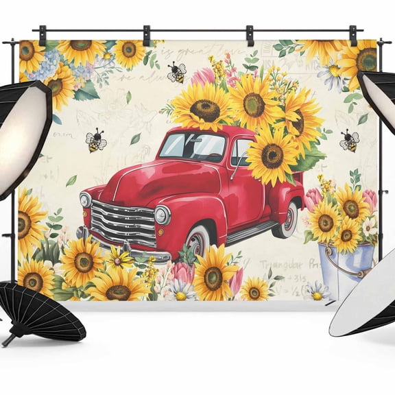 Sunflower Truck Photography Backdrop 7x5FT, Country Spring Yellow Sunflower Floral Leaf Bee Beige Letter Photo Backdrops, Background for Photography Studio, Back Drop for Photoshoot