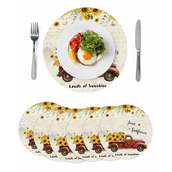 Sunflower Truck Round 13 Inch Placemats Set of 6, Elegant Yellow Floral Summer Botanical HeatResistant Non Slip Place Mats for Dining Table, Wipeable Braided Kitchen Table Mats for Housewarming