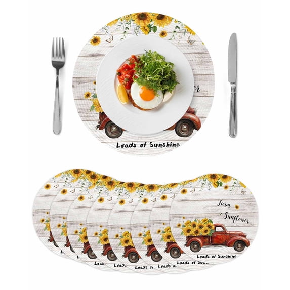 Sunflower Truck Round 13 Inch Placemats Set of 8, Elegant Yellow Floral Summer Botanical Wooden HeatResistant Non Slip Place Mats for Dining Table, Wipeable Kitchen Table Mats for Housewarming