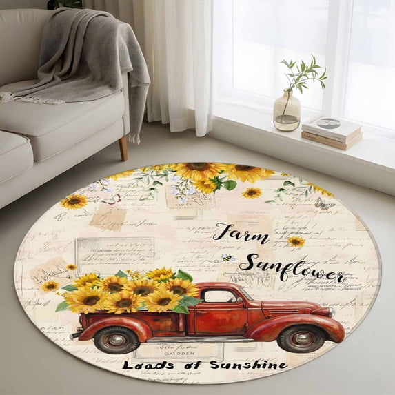 Sunflower Truck Round Area Rug 3.3Ft Washable Circle Rugs for Dining Room Table, Yellow Floral Summer Botanical Elegant Pastoral Non-Slip Carpet Floor Mats Indoor Outdoor Carpet Runner Home Decor
