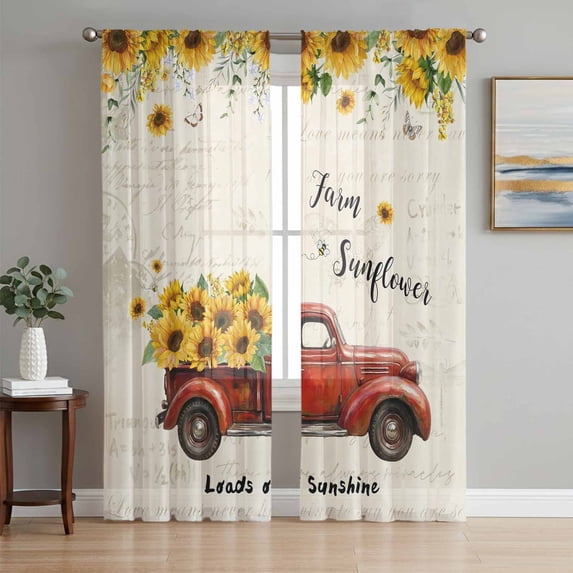 Sunflower Truck Sheer Curtains 108 Inch Length 2 Panels Set Window Treatments, Elegant Yellow Floral Summer Botanical Rod Pocket Semi Curtains for Living Room/Bedroom/Kitchen Décor, 104"W x 108"L