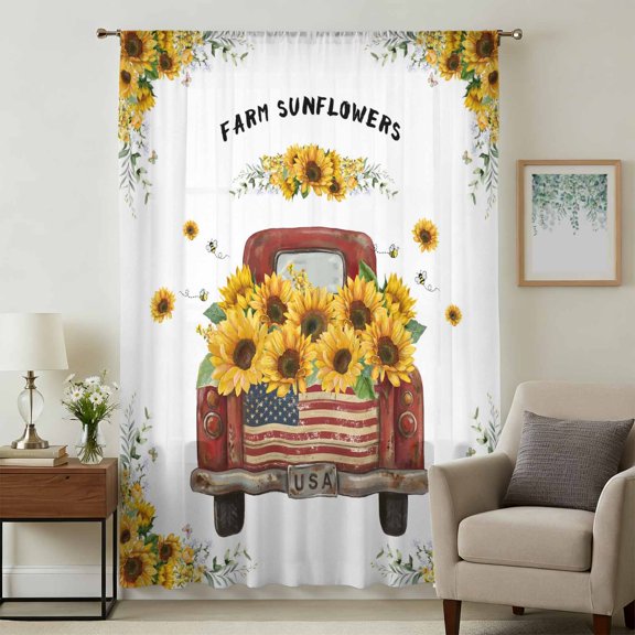 Sunflower Truck Sheer Curtains 54 Inches Long for Bedroom, Yellow Flowers Summer Botanical Watercolor Light Filtering Privacy Drapes, Breathable Semi Sheer Window Treatment for Bathroom Kitchen