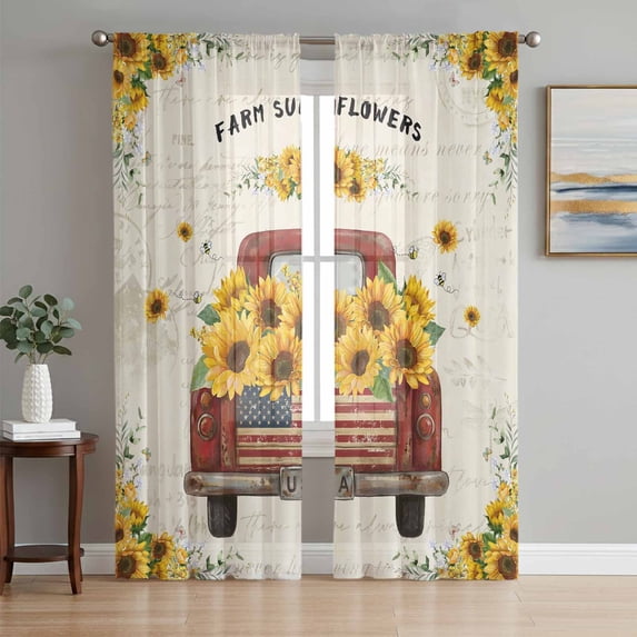 Sunflower Truck Sheer Curtains 63 Inch Length 2 Panels Set Window Treatments, Summer Botanical Elegant Pastoral Floral Rod Pocket Semi Curtains for Living Room/Bedroom/Kitchen Décor, 104"W x 63"L