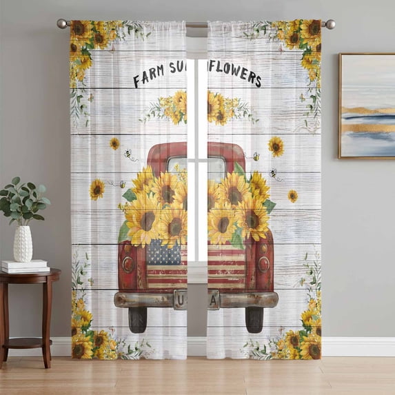 Sunflower Truck Sheer Curtains 63 Inch Length 2 Panels Set Window Treatments, Summer Botanical Elegant Pastoral Floral Wooden Rod Pocket Semi Curtains for Living Room/Bedroom/Kitchen, 104"W x 63"L