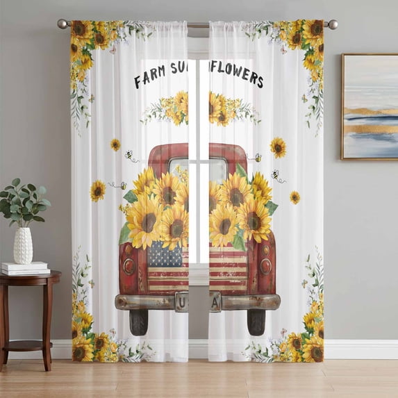 Sunflower Truck Sheer Curtains 63 Inch Length 2 Panels Set Window Treatments, Yellow Flowers Summer Botanical Watercolor Rod Pocket Semi Curtains for Living Room/Bedroom/Kitchen Décor, 104"W x 63"L