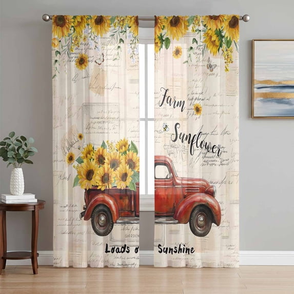 Sunflower Truck Sheer Curtains 72 Inch Length 2 Panels Set Window Treatments, Yellow Floral Summer Botanical Elegant Pastoral Rod Pocket Semi Curtains for Living Room/Bedroom/Kitchen, 104"W x 72"L