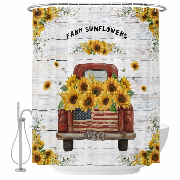 Sunflower Truck Shower Curtain, Waterproof Shower Curtains for Bathroom, Summer Botanical Elegant Pastoral Floral Wooden Washable Fabric Bathtub Curtain Set Bath Decor with 12 Hooks Stall 36"x72"