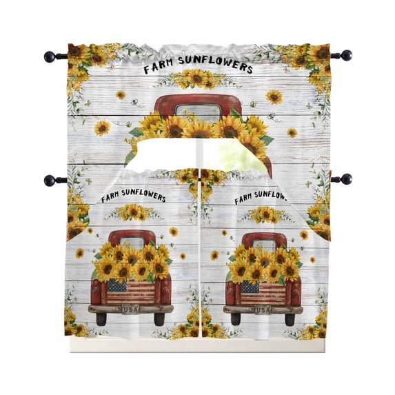 Sunflower Truck Swag Kitchen Curtains Sets for Windows 24 Inch Length, Summer Botanical Elegant Pastoral Floral Wooden Short Window Curtain Swags Valances and Tiers 3 Piece Set for Cafe/Dining Room