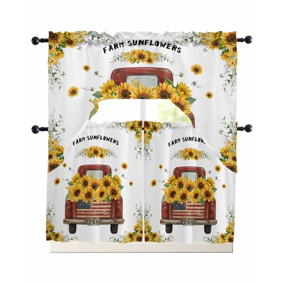 Sunflower Truck Swag Kitchen Curtains Sets for Windows 24 Inch Length, Yellow Flowers Summer Botanical Watercolor Short Window Curtain Panels Swags Valances and Tiers 3 Piece Set for Cafe/Dining Room